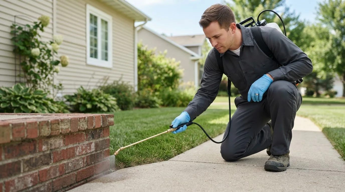 Pest control technician treating a home near Monterville, WV