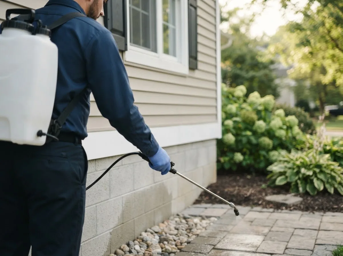 Pest control technician inspecting a home in Monterville, WV